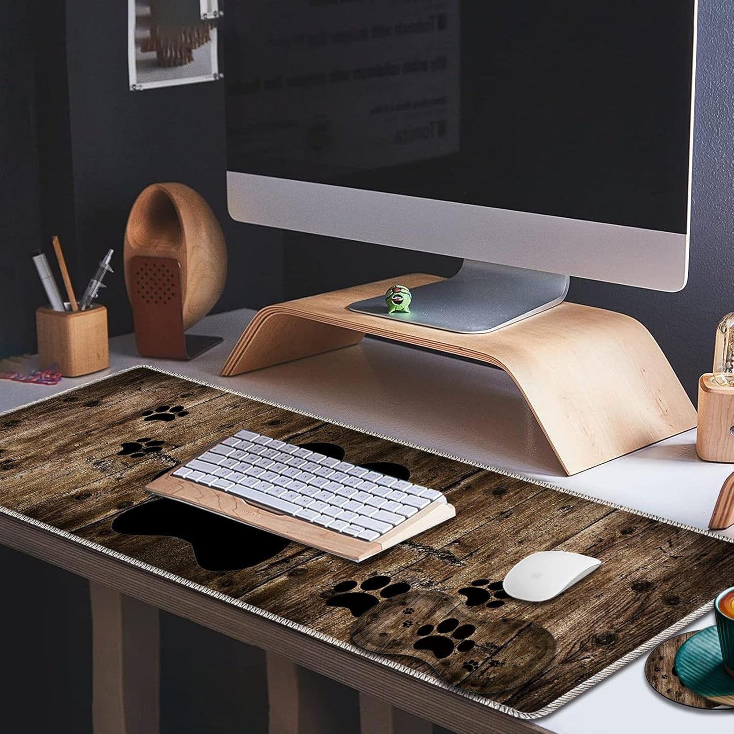 Mouse Wrist Rest and Keyboard Wrist Rest Pad Set, Non-Slip Rubber Base Smooth Surface Ergonomic Gaming Mouse Pad for Easy Typing and Pain Relief, Antique Blue Wood Grain Dog Paw + Coaster