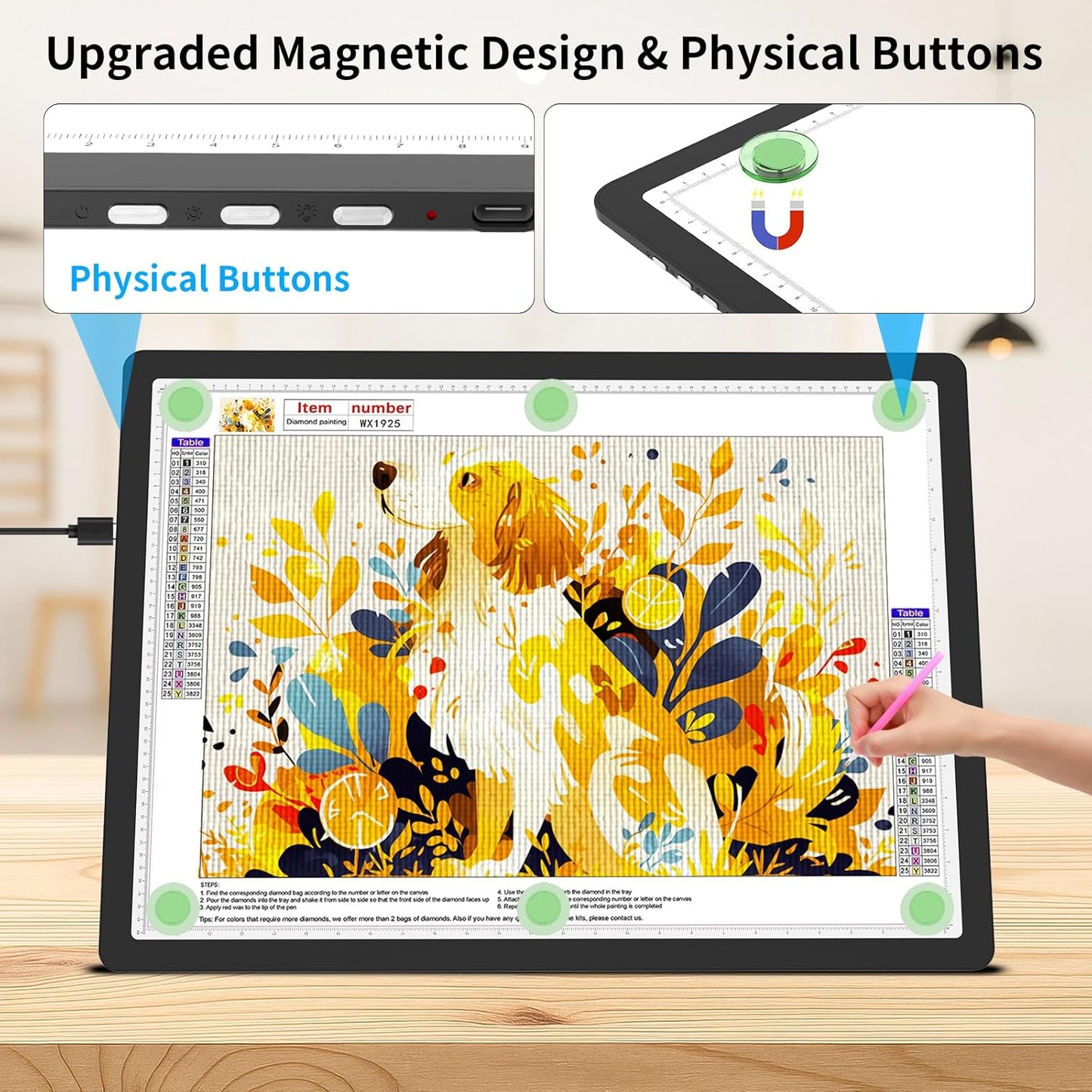 TOHETO A4 Light Board for Diamond Painting, Super Bright Magnetic Light Pad with Side Buttons, Lightbox for Tracing and Drawing, Corded Light Table for Sketching, Animation, Weeding Vinyl (Black)