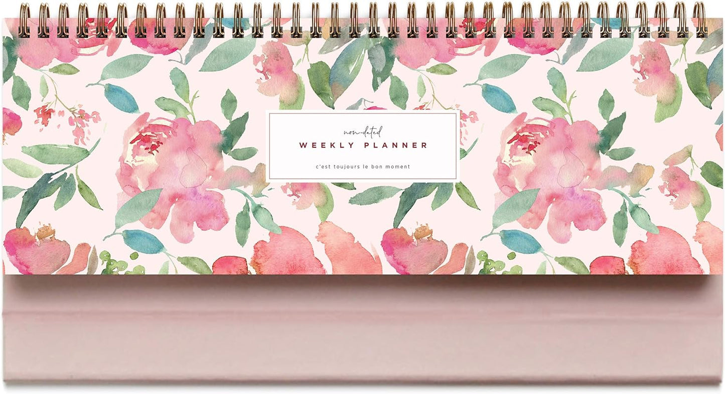Belle Fleur Non-Dated Spiral Weekly Desk Calendar Planner, 60 Week Inspirational to Do List Pad Desktop Stand, 3.75" x 10.5", La Lune Collection by Bright Day