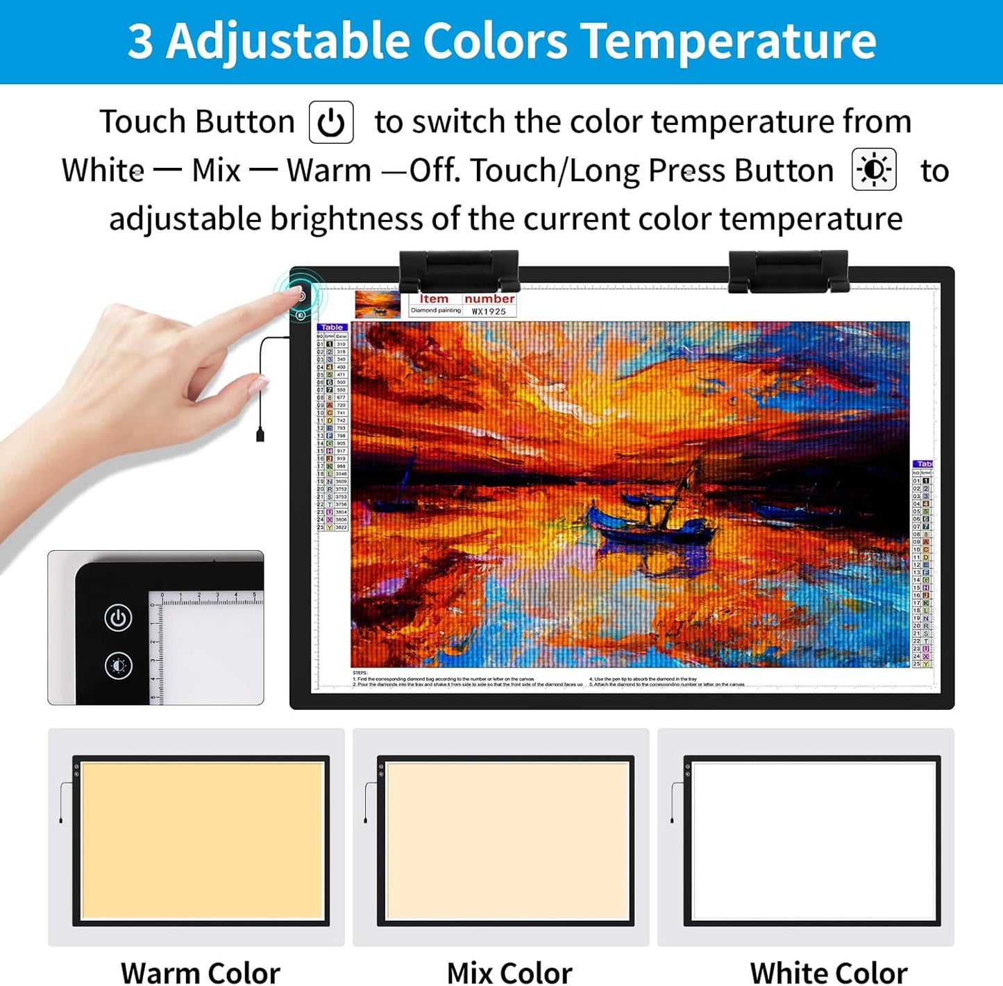 TOHETO A3 Light Pad, Rechargeable Light Board for Diamond Painting, Tracing Light Box with Stand and Clip, Light Table Lightbox for Tracing, Drawing