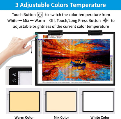 TOHETO A3 Light Pad, Rechargeable Light Board for Diamond Painting, Tracing Light Box with Stand and Clip, Light Table Lightbox for Tracing, Drawing