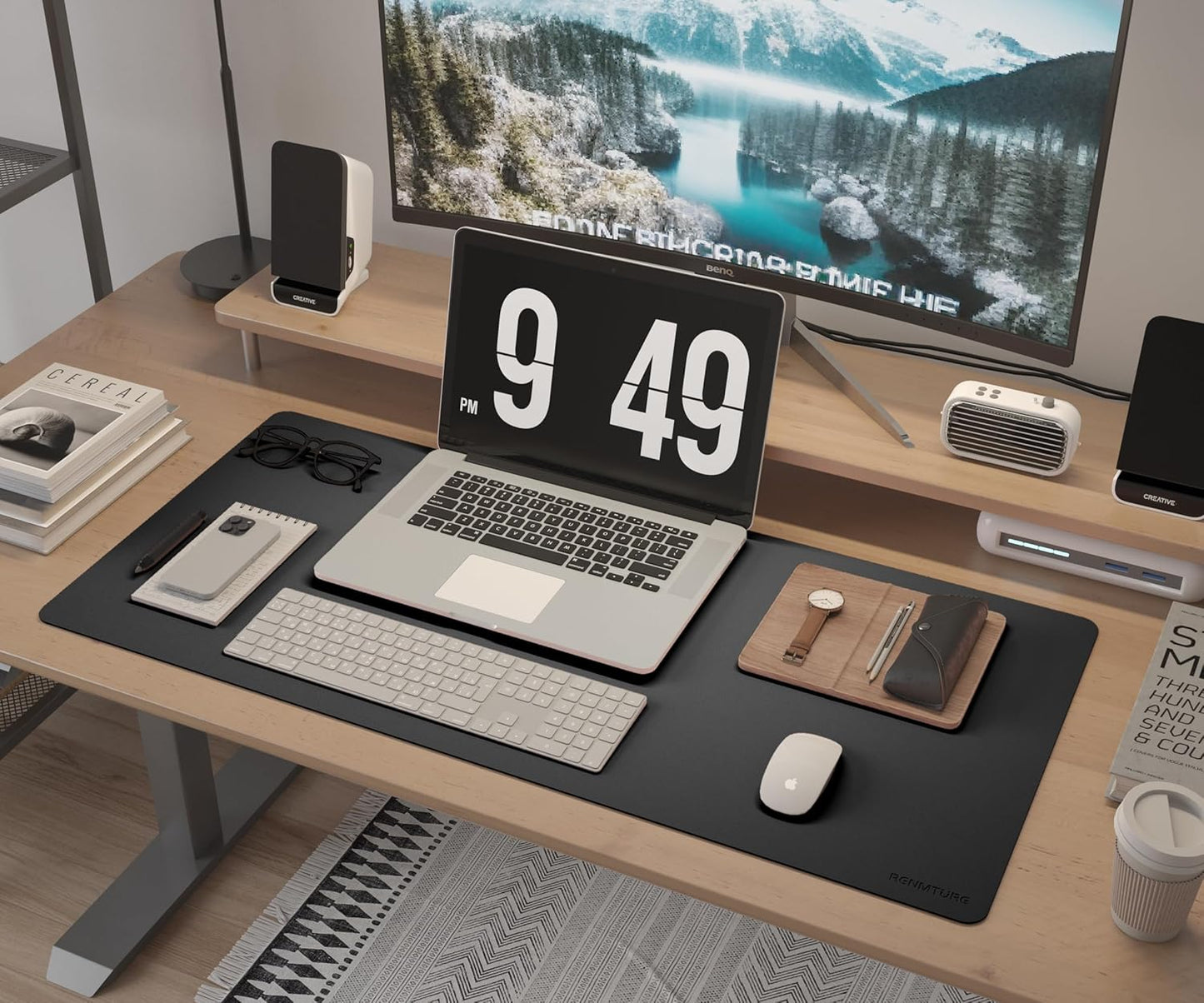 RENMTURE Desk Pad, Cork & PU Leather Desk Mat, Large Mouse pad, Non-Slip Desk Protector and Blotter, Waterproof Writing Pad, Desk Accessories and Organizers for Home Office (Light Yellow, 32"x16")