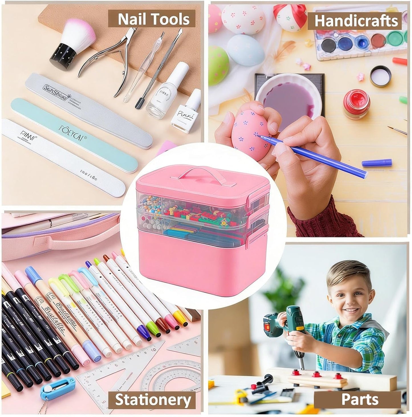 3-Layer Plastic Craft Organizers and Storage Box with Removable Trays, Storage Containers with lids and Handle, Art Supply Storage Organizer for Bead, Ornament, Nail Polish, Tape（10.62"x9"x7.67"）