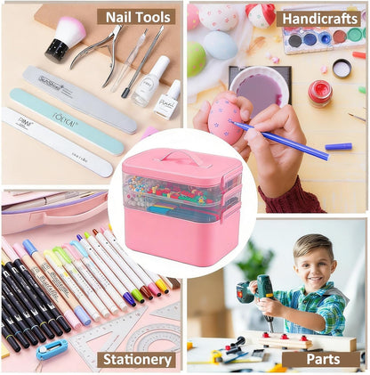 3-Layer Plastic Craft Organizers and Storage Box with Removable Trays, Storage Containers with lids and Handle, Art Supply Storage Organizer for Bead, Ornament, Nail Polish, Tape（10.62"x9"x7.67"）