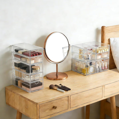 Prsildan Acrylic Drawer Makeup Organizer with 6 Drawers (Not for Baby Bottle), Set of 2 Office Desk Organizers Accessories, Clear Stackable Storage Drawers for Vanity, Craft (Largest Drawer 4" Tall)