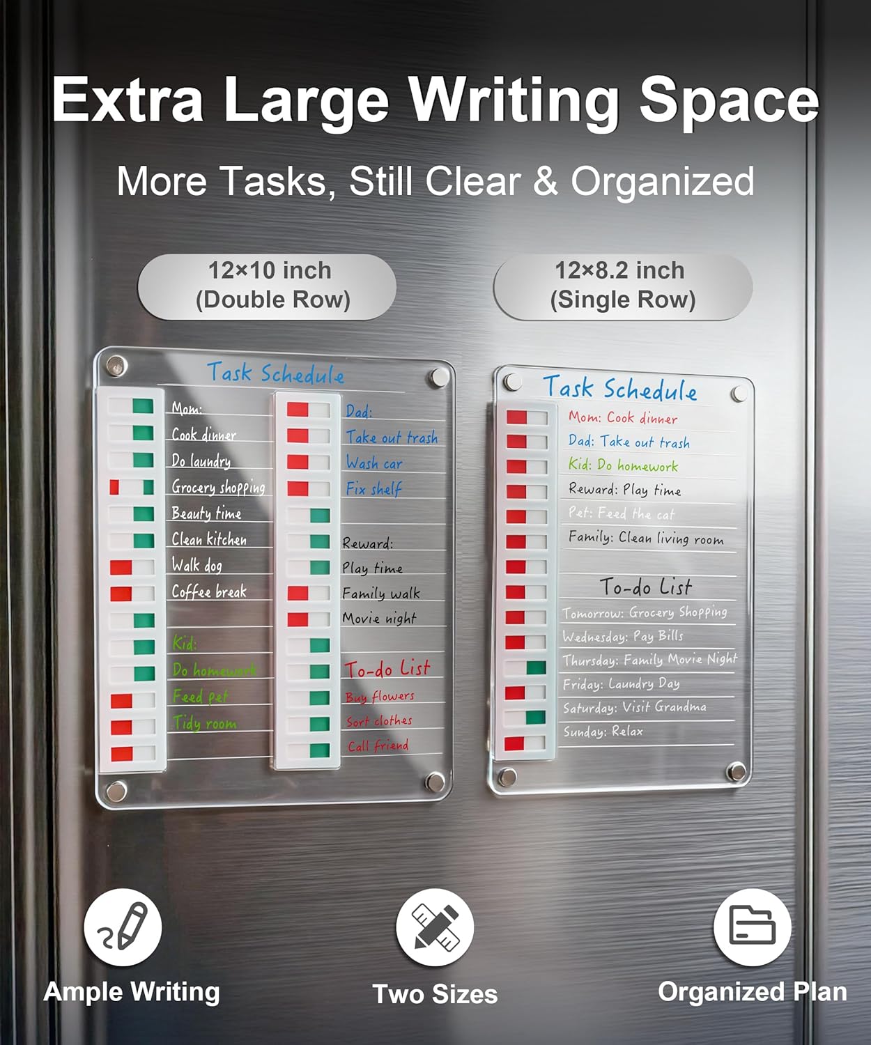 Magnetic Acrylic Dry Erase Board for Fridge, to Do List White Board with Sliding Buttons, 12"X8.2" Clear Chore Chart for Adults, Reusable Refrigerator Whiteboard Includes 5 Markers (White Line)