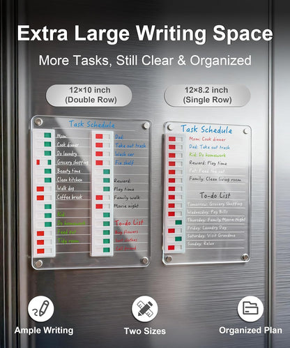 Magnetic Acrylic Dry Erase Board for Fridge, to Do List White Board with Sliding Buttons, 12"X8.2" Clear Chore Chart for Adults, Reusable Refrigerator Whiteboard Includes 5 Markers (White Line)
