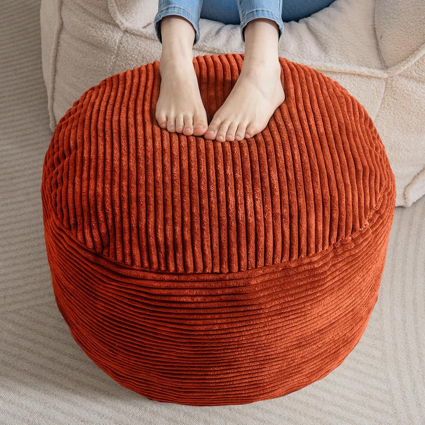 HIGOGOGO Round Stuffed Pouf Ottoman, Corduroy Poufs with Foam Chunk Filling, Furry and Fluffy Pouf Foot Stool Storage Ottoman, 20 X 15 Floor Poufs Foot Rest for Living Room, Dark Grey