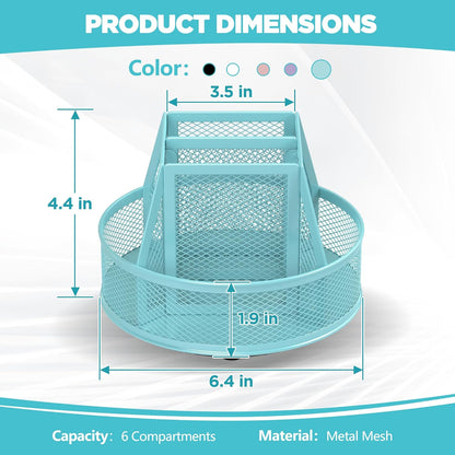 Docnest 360° Rotating Pen Holder,Heavy-Duty Metal Mesh Desk Organizer with 6 Compartments for Pencils,Scissors & Markers –Space Saving Office Supply for Teachers, Students & Home Desk-Black
