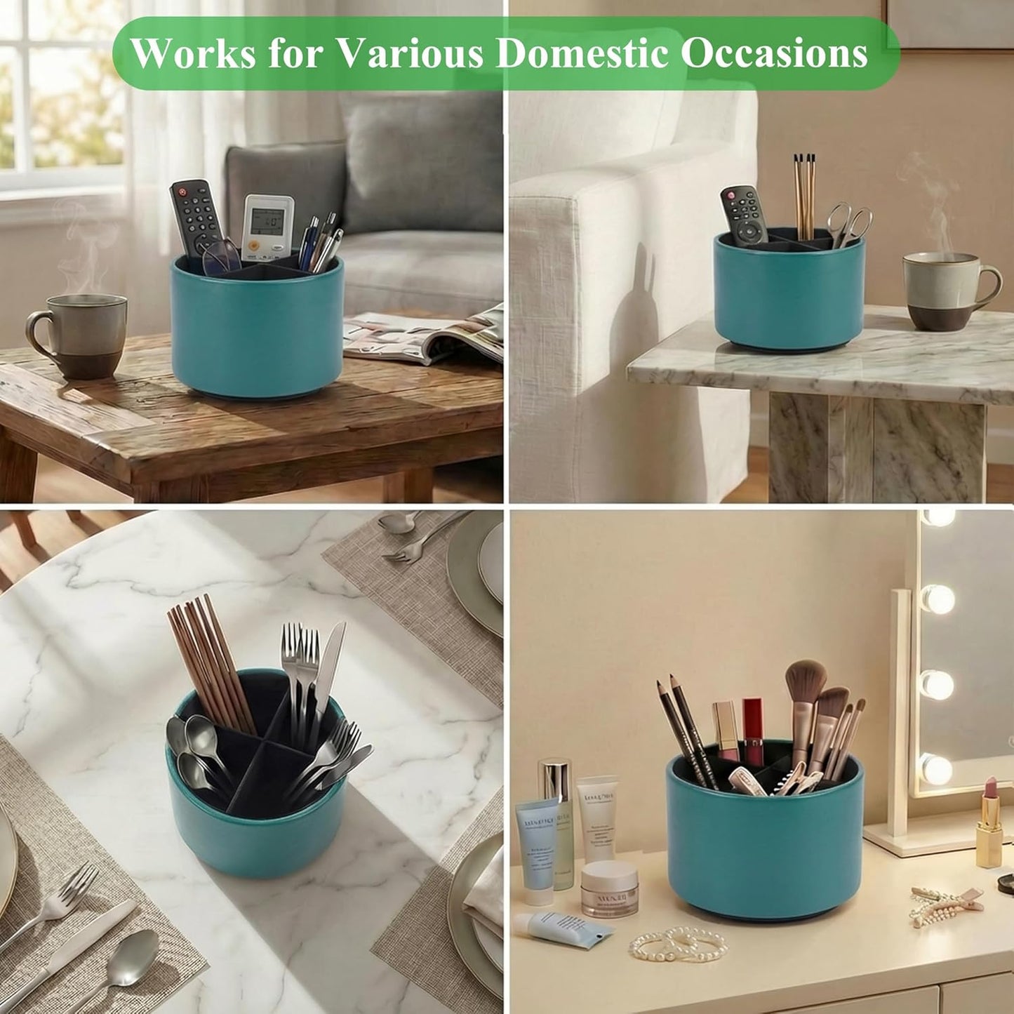 Round Leather Art Supply Organizer,Remote Control Holder,360 Degree Rotating,Multi-Functional Pencil Holder,4 Compartments Desktop Stationary Organizer(1-Fractal Flower) | Round - Colors C