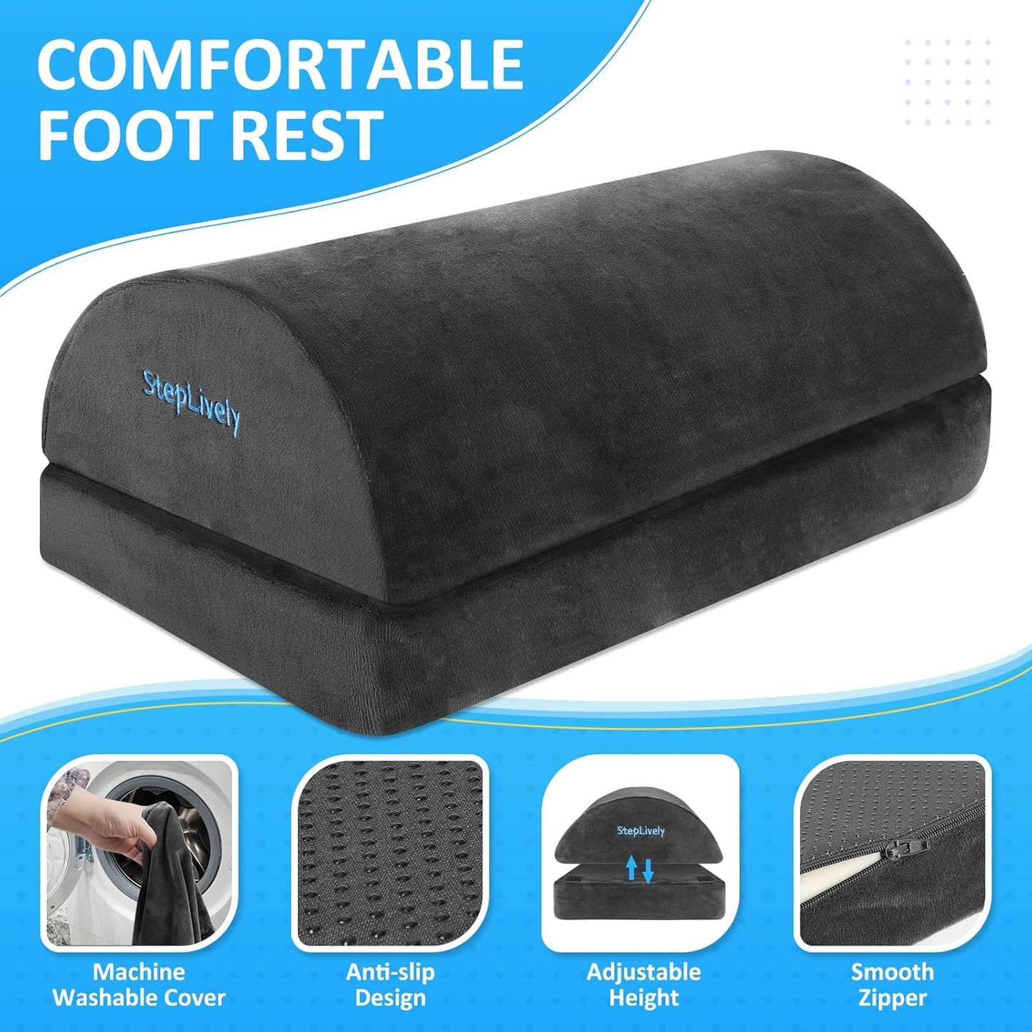 StepLively Foot Rest for Under Desk at Work, Comfortable Foot Stool with 2 Adjustable Heights, Footrest with Washable Cover, for Back & Hip Pain Relief, Suitable for Office, Home and Car (Black)