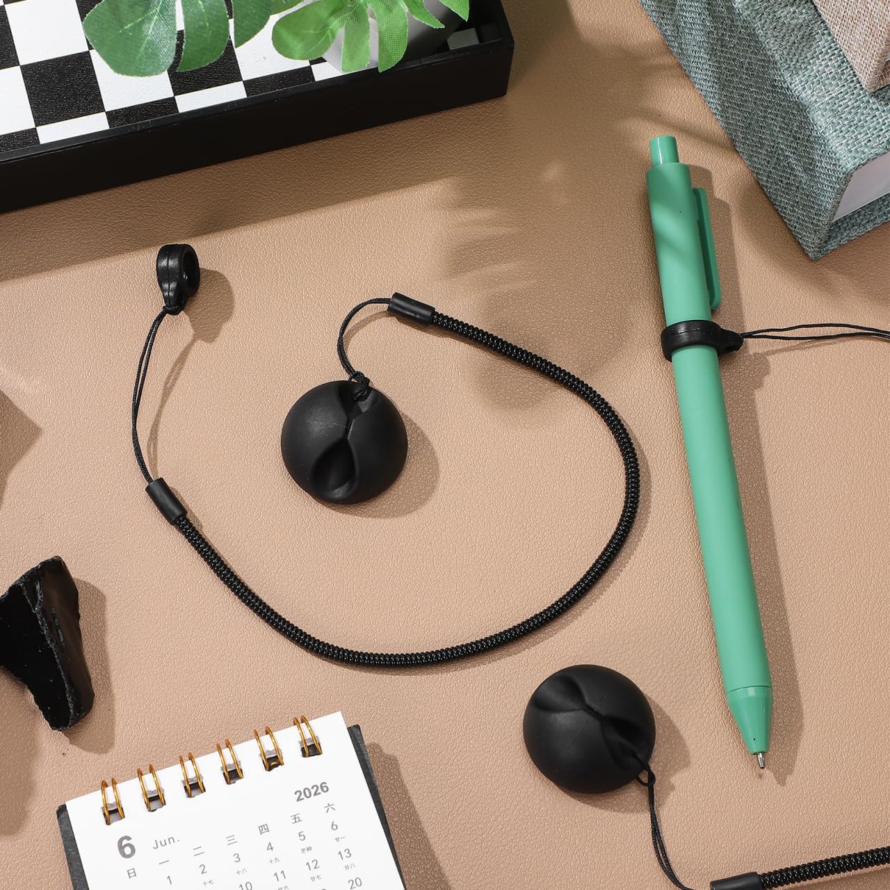 Artibetter 2Pcs 2-Pack Coiled Pen Tether with Adhesive Silicone Base, 12" Spring Rope Anti-Lost Leash with 8mm Silicone Ring for Clipboards, Retail Counters, Tablets, and Stylus Pens (Black)