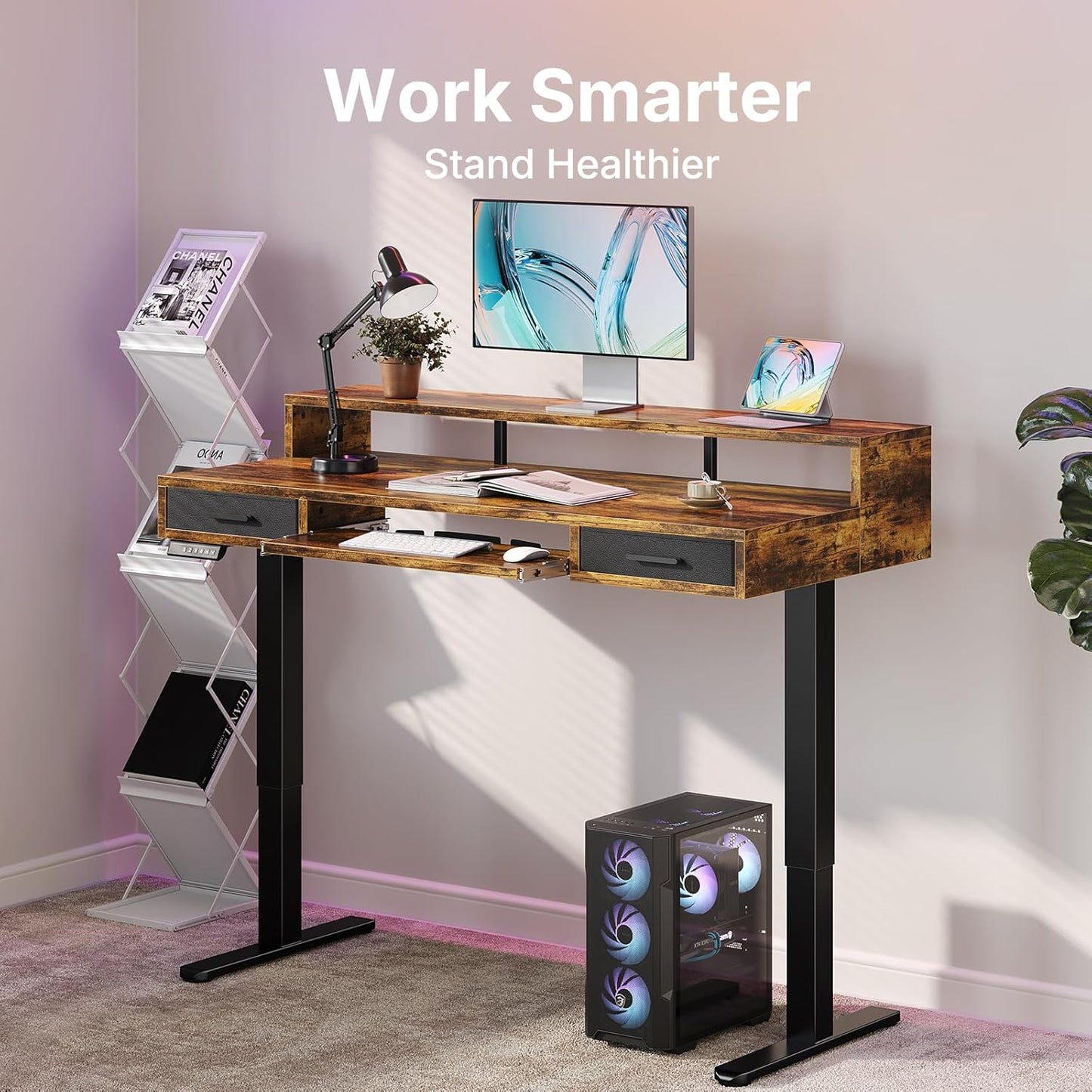 HUANUO 55″ x 26″ Electric Standing Desk with 2 Drawers &24.4″ Large Keyboard Tray, C-Clamp Mount Compatible, Adjustable Computer Desk for Office, Sit Stand Up Desk with 4 Height Presets, Light Walnut