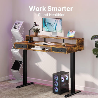 HUANUO 55″ x 26″ Electric Standing Desk with 2 Drawers &24.4″ Large Keyboard Tray, C-Clamp Mount Compatible, Adjustable Computer Desk for Office, Sit Stand Up Desk with 4 Height Presets, Light Walnut