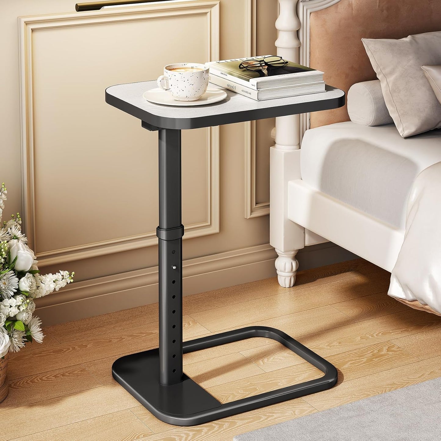 Kitstorack TV Tray Table, Adjustable Height & Flip-Top & Rounded Metal Corners, Snack Table for Couch, Sofa, Bed, Chair, Living Room, C Shaped End Side Table for Eating, Dinner or Laptop, Small Spaces