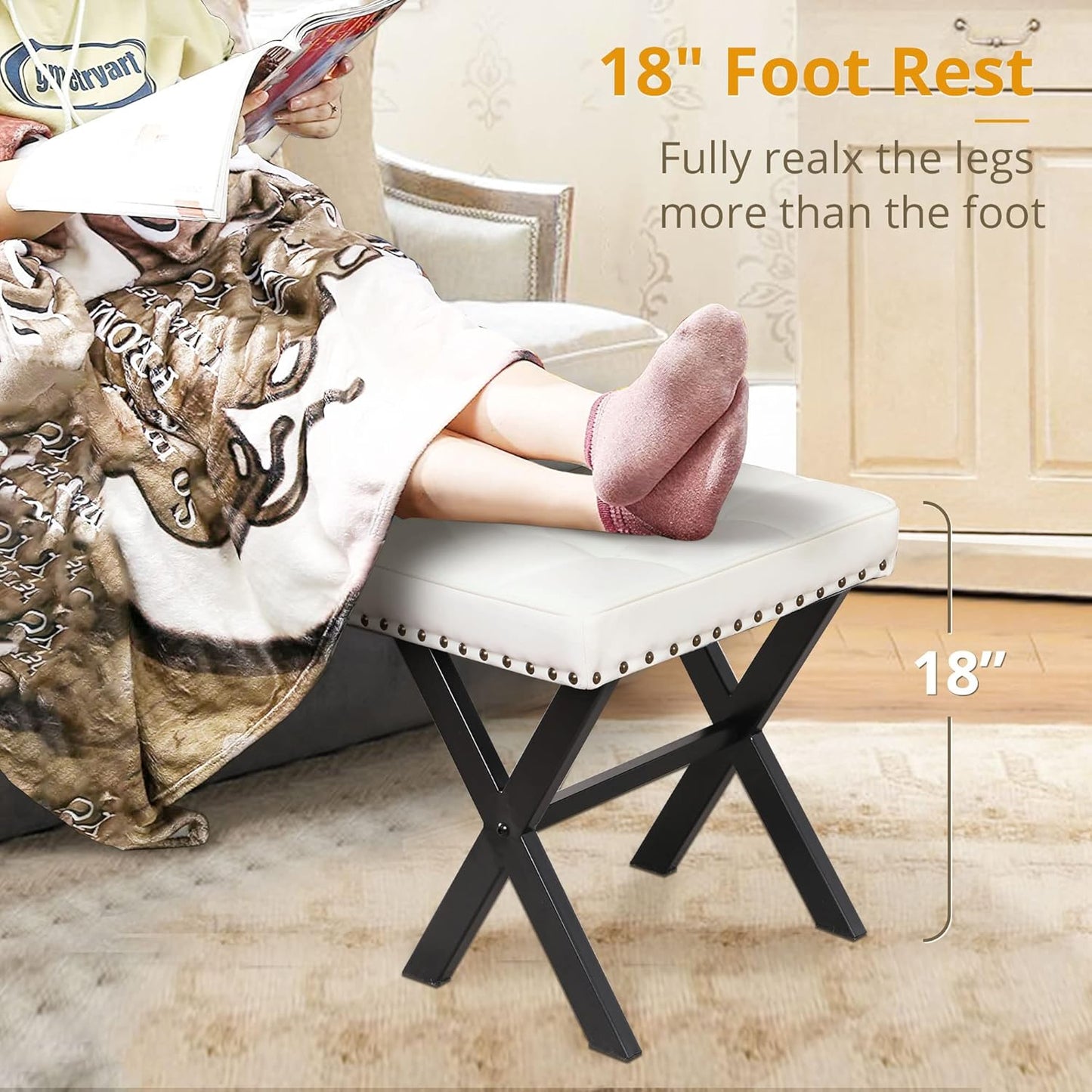 LUE BONA Square Linen Makeup Stool, Metal X Legs, Small Ottoman Stool Chair for Vanity, Modern Padded Seat Foot Rest for Makeup Room, Bathroom