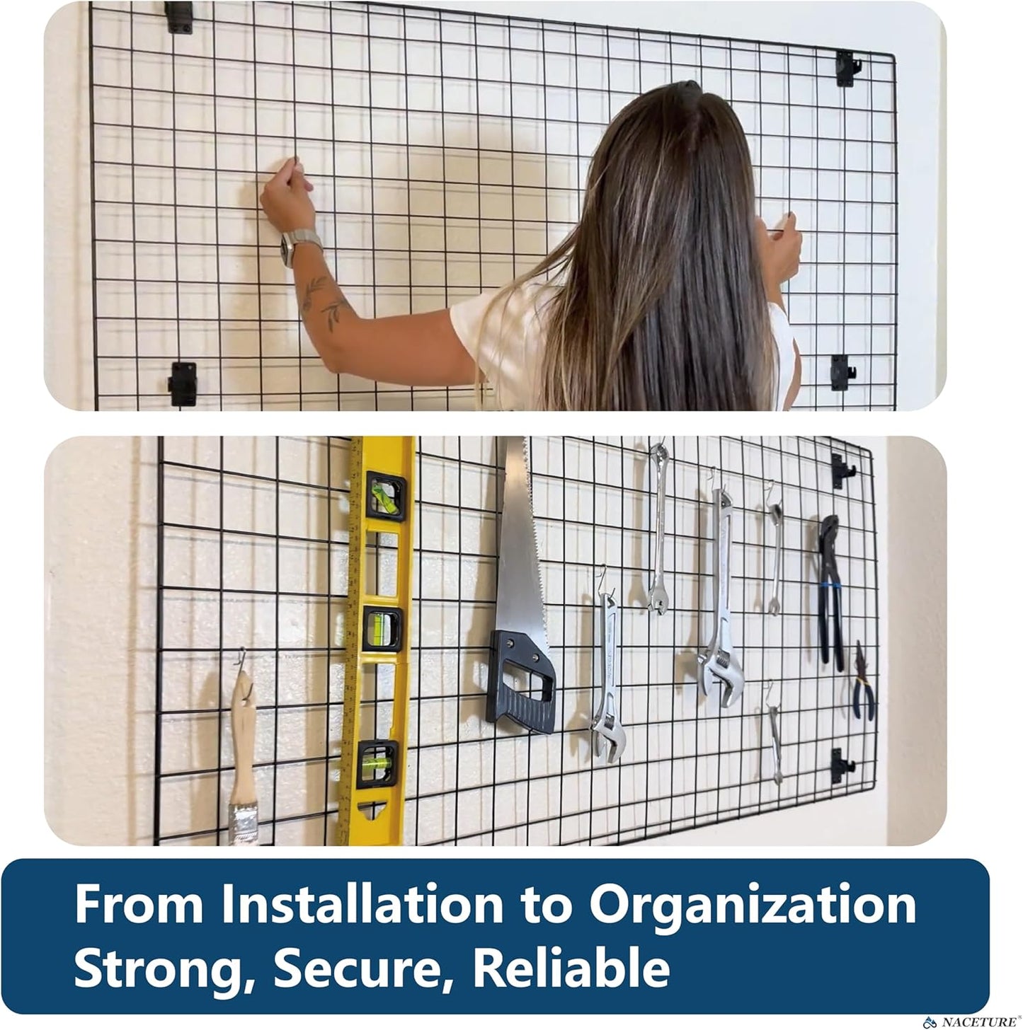 NACETURE Grid Wall Panels- 4 Pcs 2x4 ft Black Grid Wall Panel Display with 16 Gridwall Hooks & 10 S-Hooks, Space Saving Wire Mesh Panels for Retail, Garage, Home & Office Storage