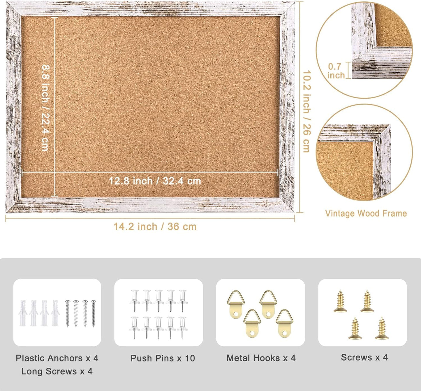 Cork Board Bulletin Board, 11.8x8.6 inches Mini Decorative Hanging Framed Cork Boards for Walls, Pin Board Vision Board for School Home Office, Bulletin Board with Wooden Frame(2230,WH,1p)