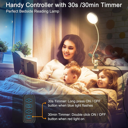 LiFMIRA Clip-on Lamp Reading Light - 5 Color Modes, 10 Brightness Levels, 8W, 66 LED, Eye-Caring Metal Clamp Light with Gooseneck for Bed, Headboard, Desk, Video Conferencing, Makeup