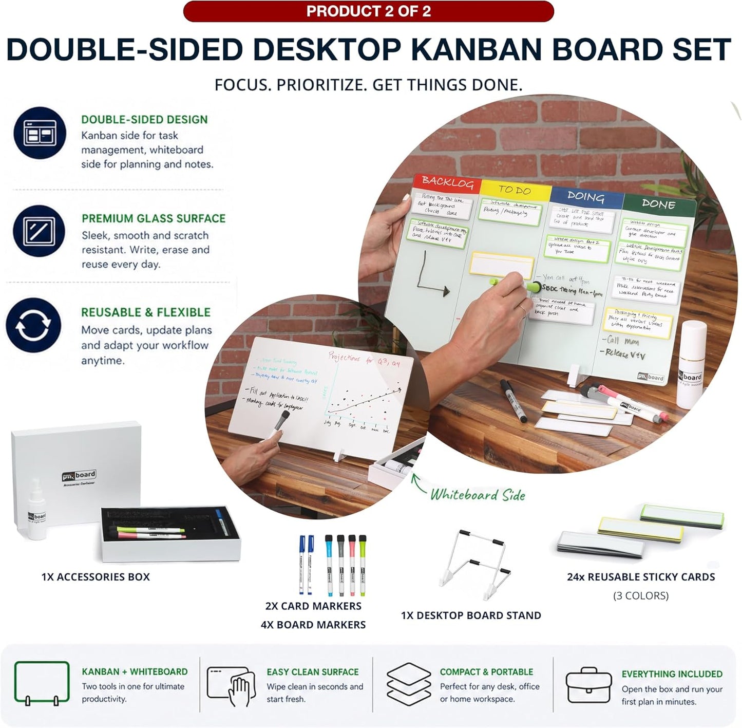Kanban Board Set – Magnetic Agile Project Management Board with Cards, Desktop Kanban Board with Stand, Scrum Task Board System for Office, Home & Personal Productivity (2-in-1 Kit X)