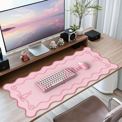 iCasso Pink Leather Desk Mat,Extra Large Scalloped Mouse Pad for Desktop,Waterproof PU Nail Table Mat,Cute Keyboard Mats for Women Girl,Non-Slip Desk Cover Mat for Office Home Dorm