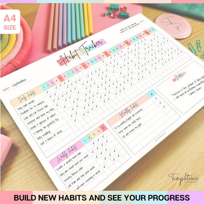 Habit Tracker Desk Pad A4 – Daily Weekly & Monthly Habit Tracker Pad – Productivity & Goal Planner Deskpad – 50 Tear-Off Sheets, 120gsm Premium Paper (Colorful)
