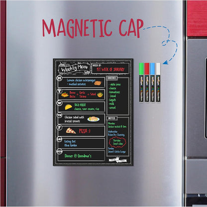 CHALKY CROWN Magnetic Dry Erase Menu Board for Fridge Includes 4 Liquid Chalk Markers - Weekly Meal Planner Blackboard, Grocery List & Notepad for Kitchen Refrigerator - Chalkboard Magnet 15.6" x11.6