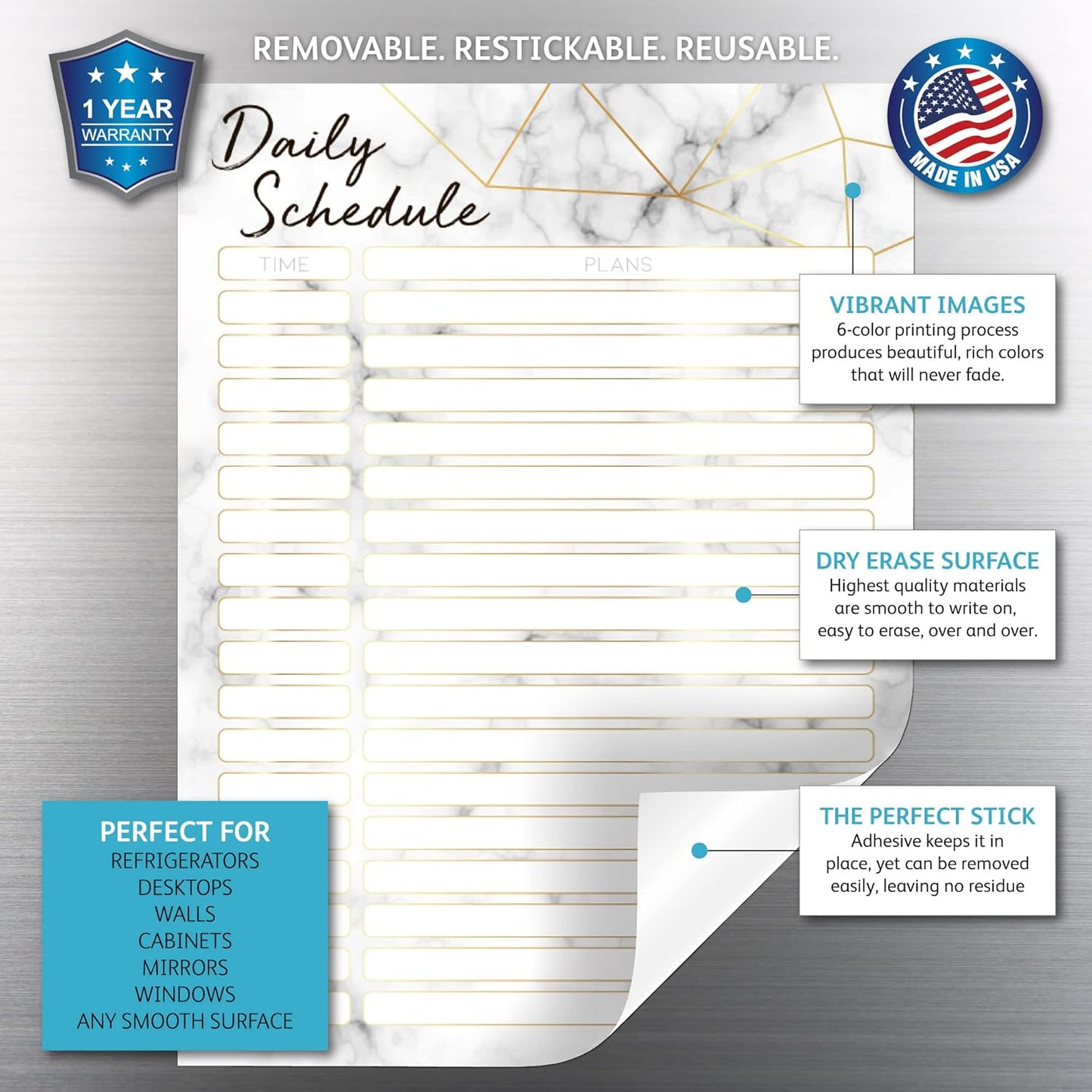Dry Erase Daily Schedule Planner Sticker Decal by Glassboard Studio | Removable & Reusable | Magnetic Fine-Tip Marker Included (9 x 12 inches, White)