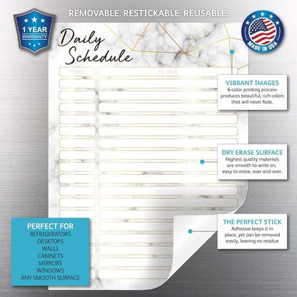 Dry Erase Daily Schedule Planner Sticker Decal by Glassboard Studio | Removable & Reusable | Magnetic Fine-Tip Marker Included (9 x 12 inches, White)