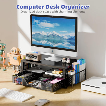 Simple Trending Desk Organizer and Accessories, 2 Tier Computer Metal Monitor Stand Riser with Drawer and Pen Holder for Laptop, Computer, iMac, Black
