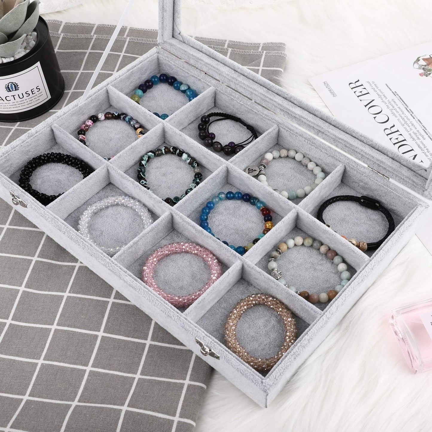 Emibele Glasses Organizer Jewelry Tray, 8 Grids with Clear Lid Velvet Tray Watch Storage Stackable Jewelry Showcase Display Storage with Detachable Inner Dividers, Beige
