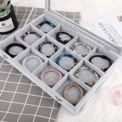 Emibele Glasses Organizer Jewelry Tray, 8 Grids with Clear Lid Velvet Tray Watch Storage Stackable Jewelry Showcase Display Storage with Detachable Inner Dividers, Beige