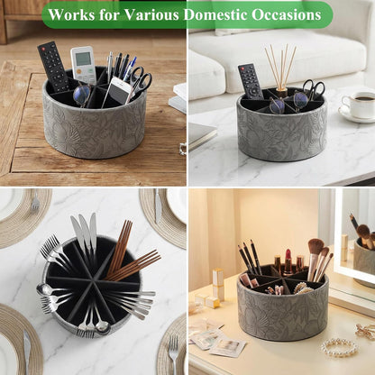 Round Leather Art Supply Organizer,Remote Control Holder,360 Degree Rotating,Multi-Functional Pencil Holder,4 Compartments Desktop Stationary Organizer(1-Fractal Flower) | Round - Colors C