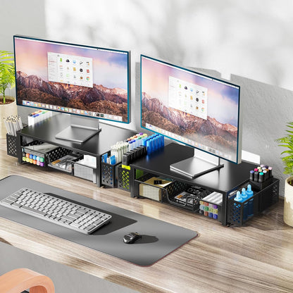Simple Trending Desk Organizer and Accessories, 2 Tier Computer Metal Monitor Stand Riser with Drawer and Pen Holder for Laptop, Computer, iMac, Black
