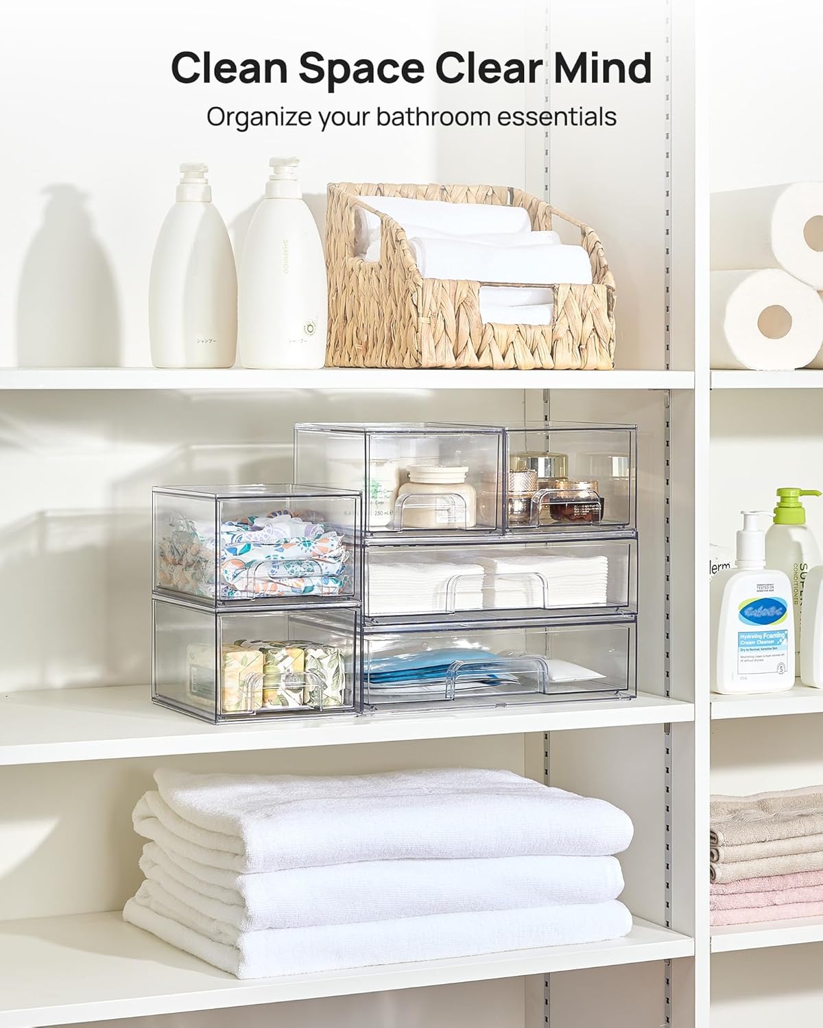 Vtopmart Stackable Storage Drawers Set of 3,Clear Plastic Organizer Bins for Makeup, Cosmetics, Beauty Supplies,Ideal for Vanity, Bathroom,Cabinet,Pantry Organization
