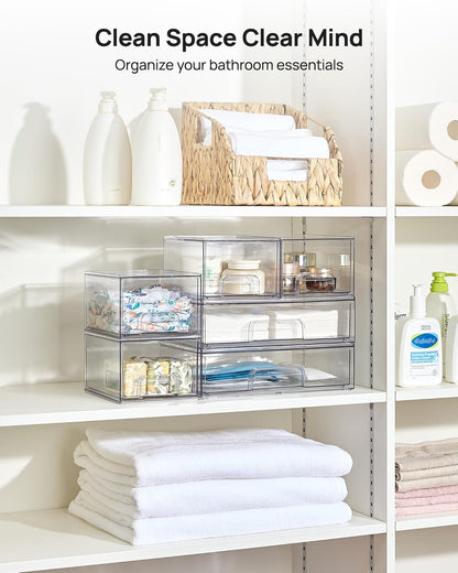 Vtopmart Stackable Storage Drawers Set of 3,Clear Plastic Organizer Bins for Makeup, Cosmetics, Beauty Supplies,Ideal for Vanity, Bathroom,Cabinet,Pantry Organization
