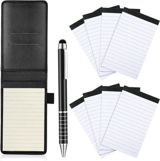 Outus 10 Pcs Mini Pocket Notepad Holder Set Included Small Leather Pocket Notebook Holder with 50 Lined Sheets, Metal Pen, 8 Pcs 3 x 5 Inch Memo Book Refills, 30 Lined Paper Per Note Pad (Black)
