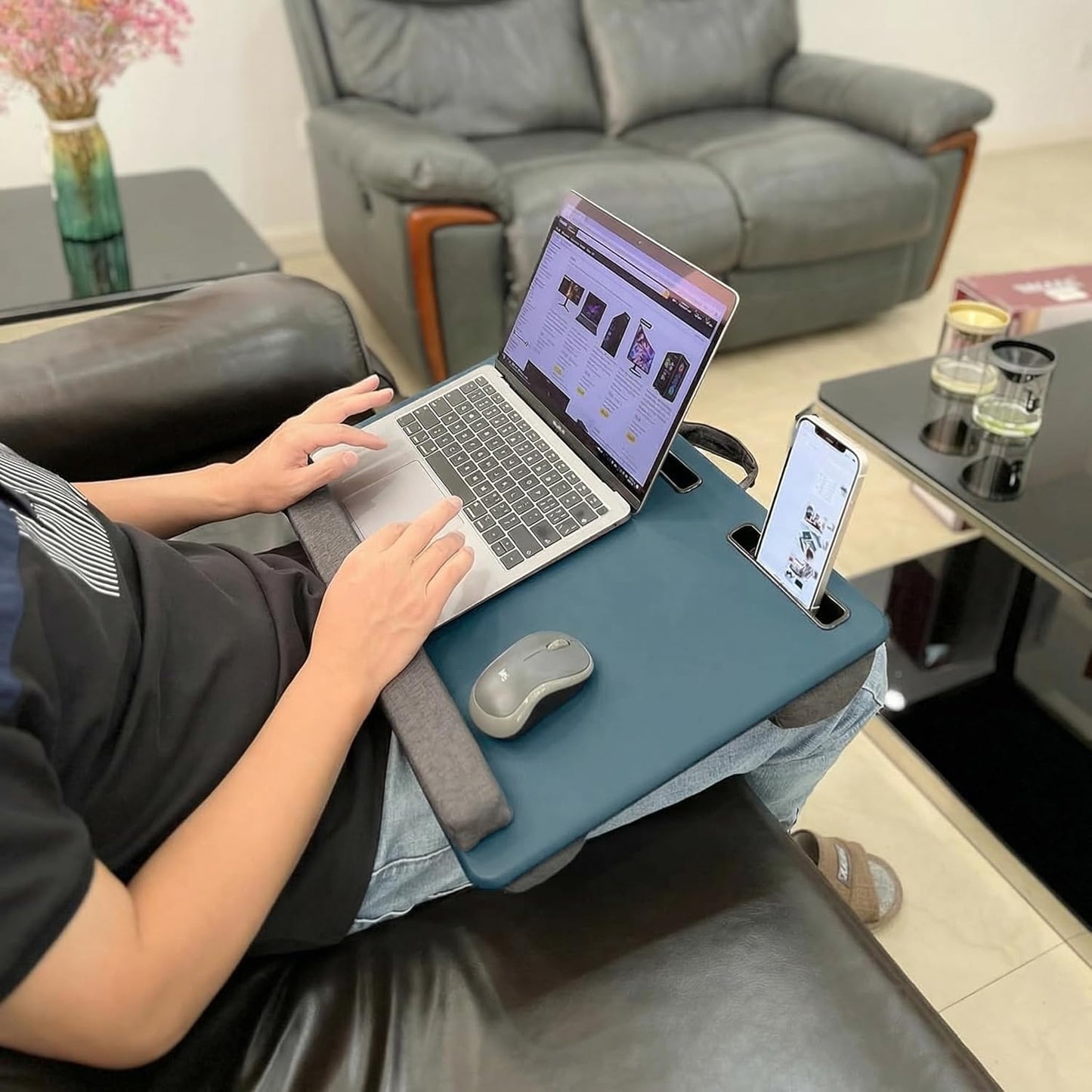 Lap Desk Home Office Lap Desk Portable Laptop Desk for Left Right - Handers with Whole Mouse Pad Wrist Pad Dual Cushion Phone Tablet Slots Fits Up to 17 Inch Laptops