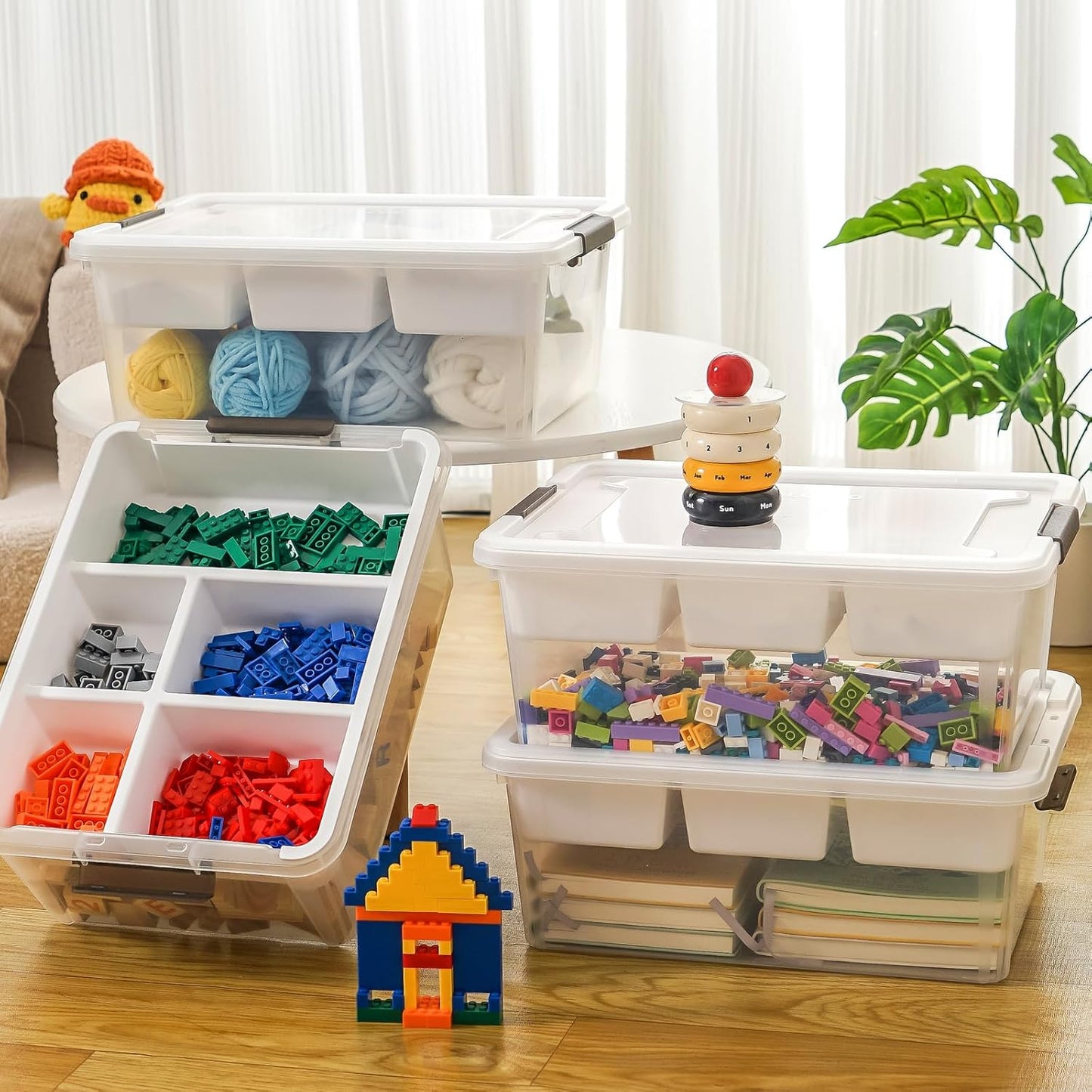 MACOPRO 17QT Craft Storage Box with 2 Removable Caddy Trays, Clear Stackable Plastic Organizer with Lid for Art Supplies, Beads, Sewing Tools, Pens & Kids Toys (White, 1Pack-2-in-1)