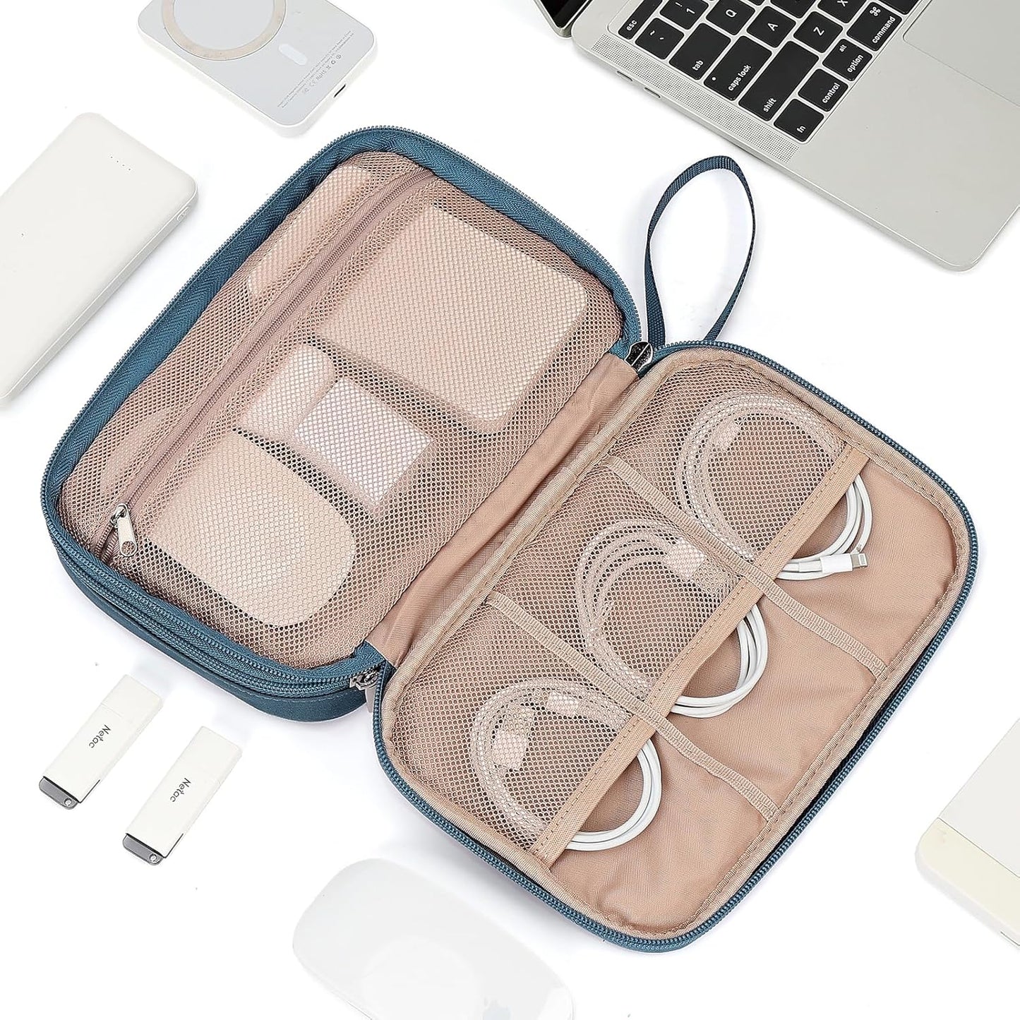 NISHEL Travel Cord Organizer Case, Double Layers Tech Electronic Bag, Essentials for Charger, Cable, Phone, Flash drive, Medium, Pink
