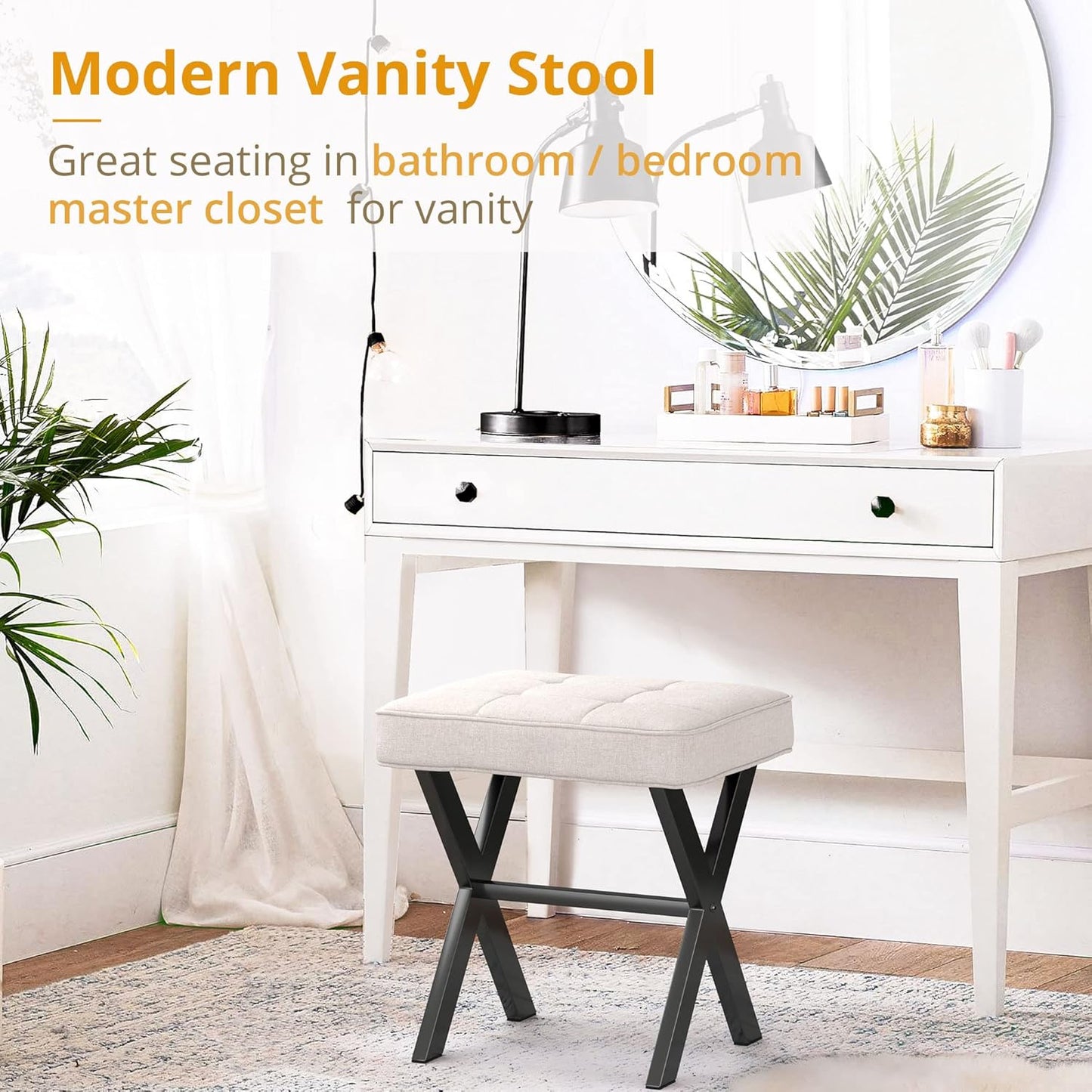 LUE BONA Square Linen Makeup Stool, Metal X Legs, Small Ottoman Stool Chair for Vanity, Modern Padded Seat Foot Rest for Makeup Room, Bathroom