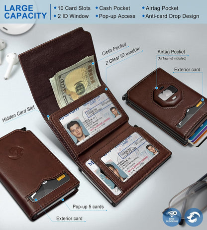 Airtag Wallet for Men,with Cash Pocket 2 ID Window 10+ Cards,Metal Case Smart Slim Pop Up Credit Card Holder Flip with Magnetic Closure RFID Blocking Trifold Leather wallet with Gift Box