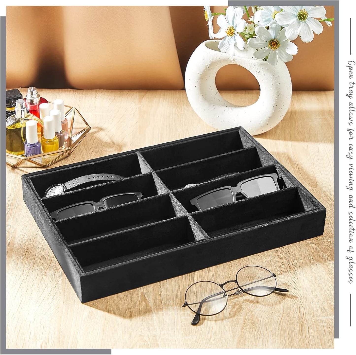 Amylove 2 Pcs Sunglass Organizer Trays Glasses Stackable Jewelry Trays Sunglass Organizer Display Box(8 Grids,Beige)