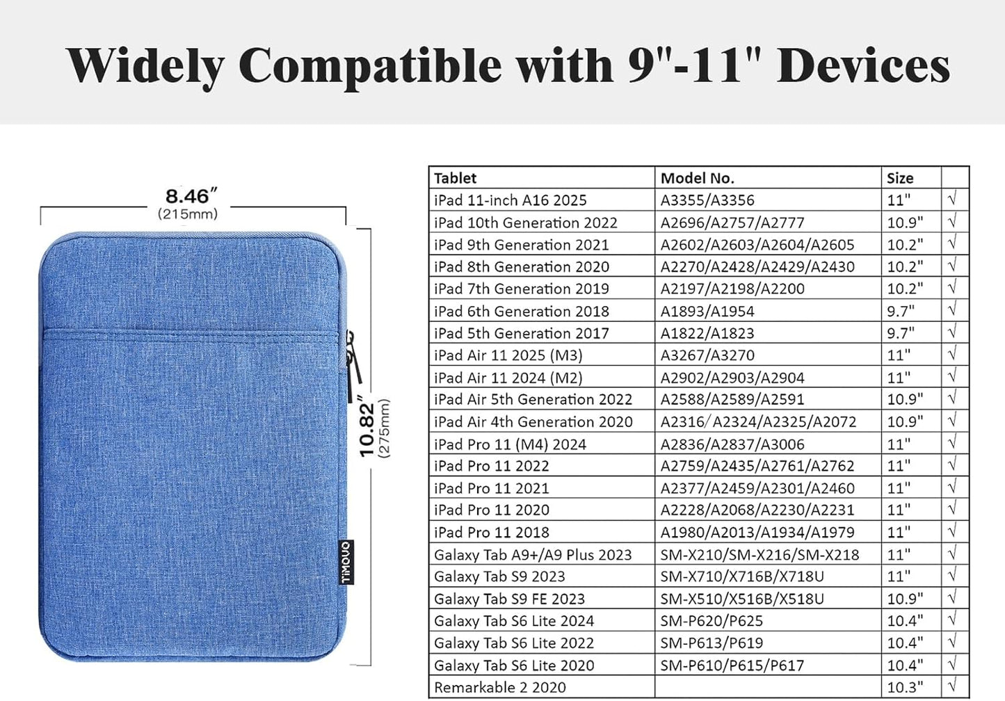 TiMOVO 9-11" Tablet Sleeve Bag for iPad 11-inch A16 2025, iPad 10.9"/10.2"| Air 11 Inch/5th/4th Gen. 10.9", Galaxy Tab A9+/A11Plus 11", Protective Bag Fit Smart Keyboard, Dusty Blue