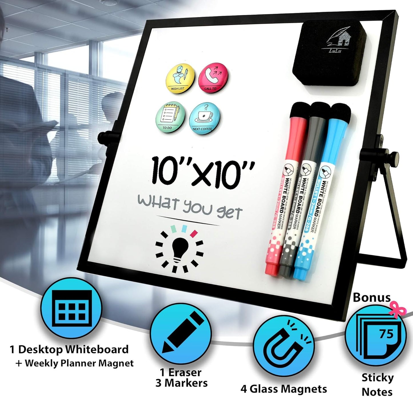 Dry Erase White Board for Desktop & Wall 12"x16" with 2 Magnetic Removable Planners - Weekly & Monthly to Do List Board with Stand, 6 Markers Eraser & Wall Hangers - Portable Double Sided Magnetic