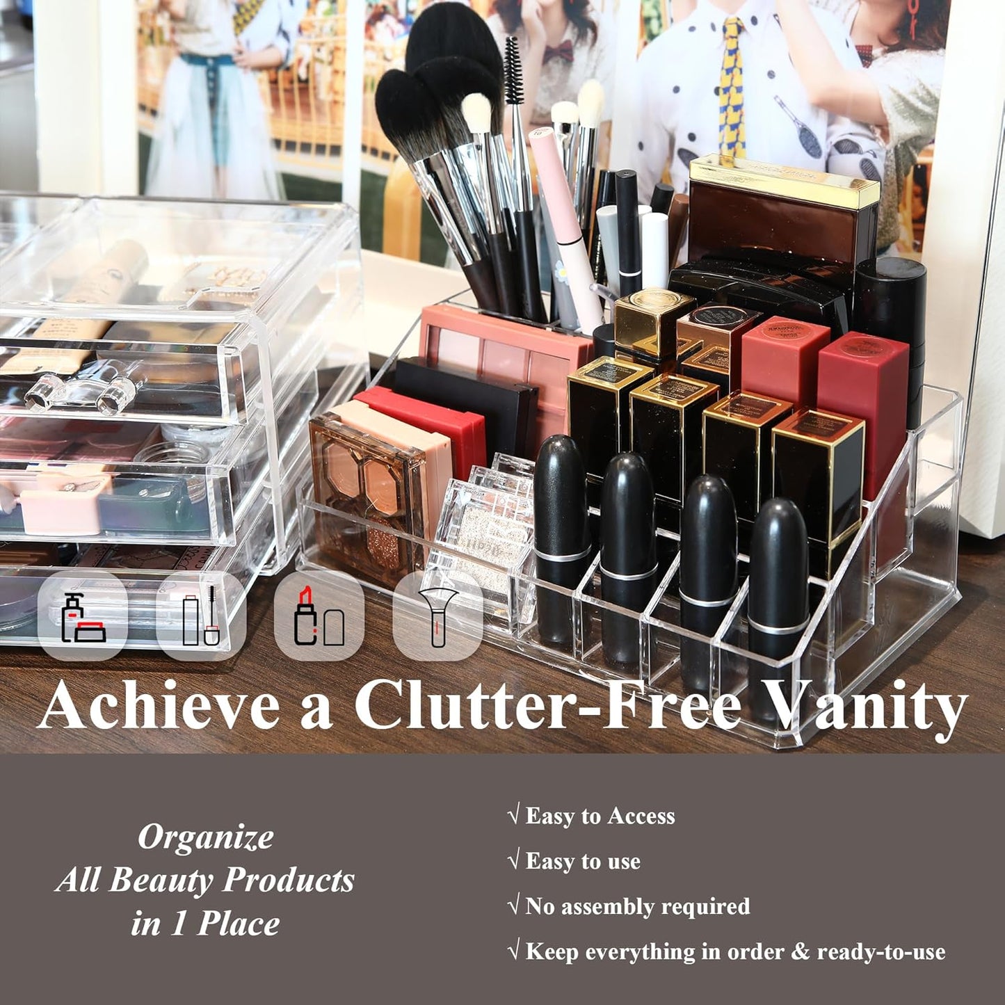 Sea Team Clear Makeup Organizer with Drawers, Acrylic Plastic Cosmetic Display Case, Jewelry Storage Box, Holder for Dresser, Bathroom, Vanity, Countertop (3 Middle Drawers)