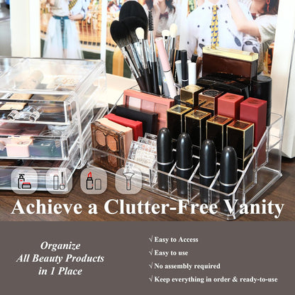 Sea Team Clear Makeup Organizer with Drawers, Acrylic Plastic Cosmetic Display Case, Jewelry Storage Box, Holder for Dresser, Bathroom, Vanity, Countertop (3 Middle Drawers)