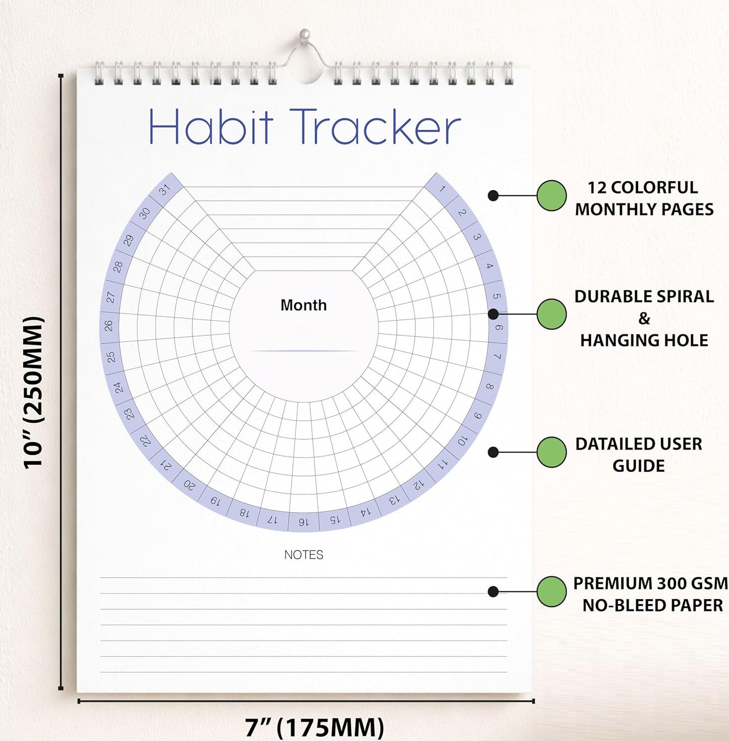 Habit Tracker Calendar (Undated 12 Month) with Silver Spiral Bound and Hanger, 7"x10" Habit Planner, Daily Weekly and Monthly Habit Tracker Journal, Habit Calendar, Colorful Layout.
