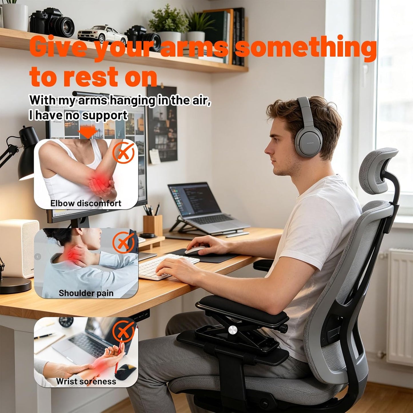 Chair Armrest Pads, Adjustable Height Office Chair Arm Rest Booster, Enhanced Comfort, Chair Armrest Elevator Pads, Elbow Support Cushion for Computer, Gaming and Desk Chairs