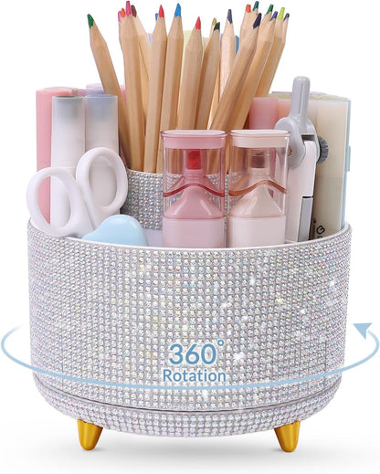 SKYDUE 360 Rotating Plastic Desk Pen Organizer with 5 Slots, Dual-Purpose Art Supply Pencil Cup for Office, School, Home
